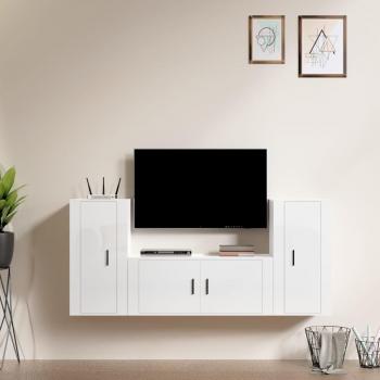 Set de muebles de TV 3 piezas madera contrachapada blanco brillo