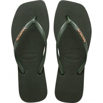 Sandalia Havaianas para mujer en color verde con logo cuadrado metálico