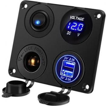 Thlevel Panel de Enchufes 4 en 1, con Doble Cargador USB y Voltímetro de LED y Encendedor de Cigarrillos y LED Azul Interruptor