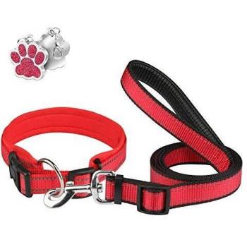 Collares y Correa para Perros Reflectante PcEoTllar Neopreno Acolchado Collar de Perro con Correa Etiqueta Duradero Ajustable Forrado Pequeños Medianos Grandes - Rojo - L
