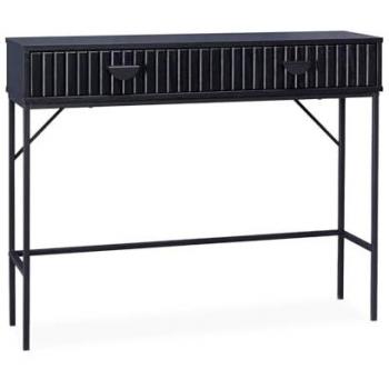 Consola de 2 Cajones con Efecto Madera Estriada Negra y Patas de Metal Negro, 100 cm