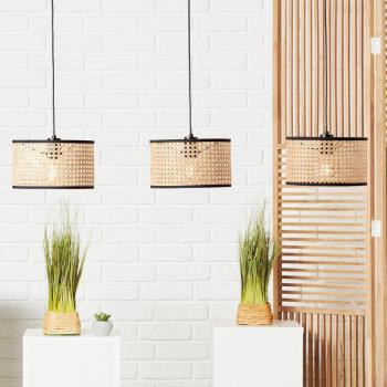 Lámpara colgante Wiley 3 luces E27 en metal y ratán natural/negro, altura ajustable