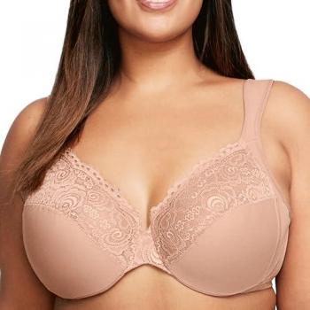 Glamorise Low Cut Wonderwire Back Close Lace Bra in Tan - Women's Underwire Bra with Comfort Technology