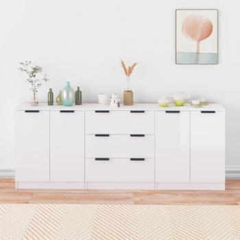 Aparador de 3 piezas de madera manufacturada, mueble de almacenaje para salón, buffet auxiliar y armario de almacenamiento en color blanco brillante
