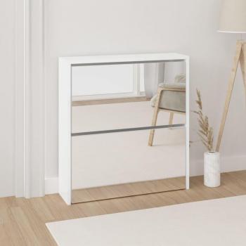 Zapatero con espejo 2 niveles blanco pulido 63x17x67 cm