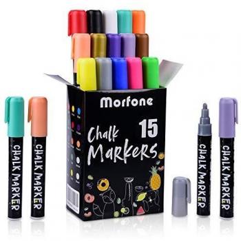 Morfone Rotuladores de Tiza líquida, rotuladores Pizarra Blanca,Juego de 15 marcadores de Tiza Colores con Pinzas + Trapo+ 32 Etiquetas para Pizarra Blanca, álbum de Fotos DIY,cerámica, Cristal