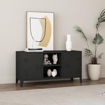 Mesa de Tele Kotka con 2 puertas y 1 estante adicional, salida de cables, armario de oficina, 2 compartimientos cerrados, ranuras de ventilación, acero, dimensiones 113x40x58 cm - Negro