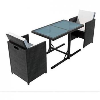 3-Piece Black Poly Rattan Bistro Set with Cushions