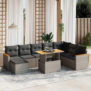 9-Piece Grey Poly Rattan Garden Sofa Set with Cushions