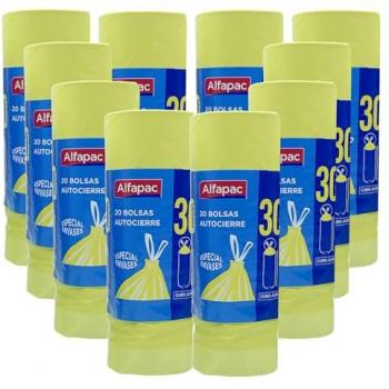 Bolsas de Basura Autocierre 30L - Pack de 200 (10 Rollos x 20) para Envases y Cubos Altos 50x75 cm