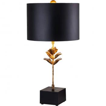 Lámpara de mesa Elstead Camilia con pantalla de pergamino, redonda, en oro antiguo y negro