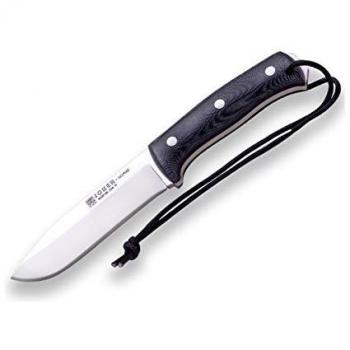 Cuchillo Bushcraft Joker Nomad CM125-P, hoja de 12,7 cm, mango de micarta canvas y funda de piel negra con pedernal para pesca, caza, camping y senderismo