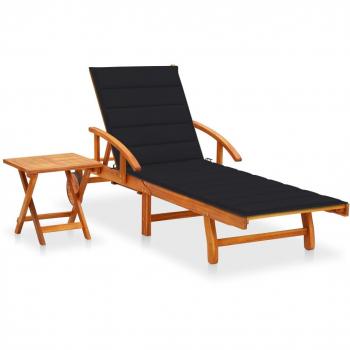 Tumbona de jardín con mesa y cojín de madera maciza de acacia