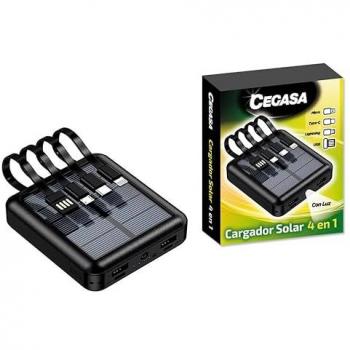 Cargador Solar Powerbank 4 en 1 5000mAh con Linterna - Salidas USB-C, Lightning, USB-A y Micro USB - Color Negro