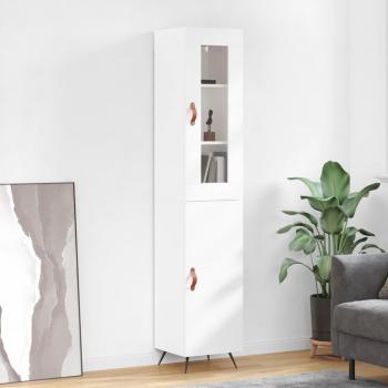 Aparador de madera contrachapada blanco brillo 34,5x34x180 cm con 1 puerta, mueble de almacenaje para salón, buffet y armario auxiliar
