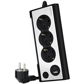 NANOCABLE 10.37.0013-BK - Regleta de Sobremesa con 3 Tomas de Tierra y 2 USB´s con Luz, Color Negro