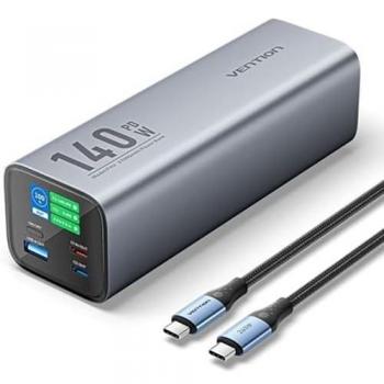 Power Bank Vention 27000mAh 140W Gris con USB-C y USB-A, incluye cable tipo C y Lightning
