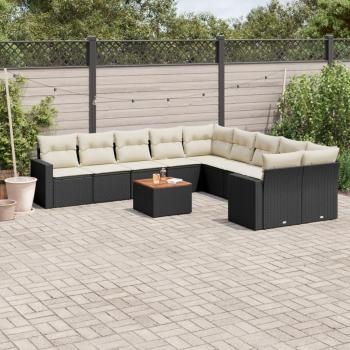 11-Piece Black Poly Rattan Garden Sofa Set with Cushions