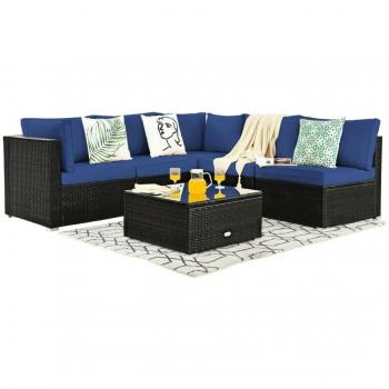 6-Piece Navy Rattan Patio Furniture Set with Glass Top Table and Black Cushions