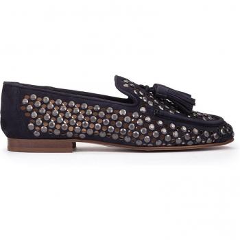 Mocasines de ante azul marino modelo FERROL con borlas y tachuelas