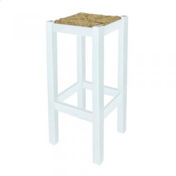 Banqueta Rústica Cuadrada Alta en Madera de Pino con Asiento de Paja - Blanco - 32,5x32,5x70 Cm