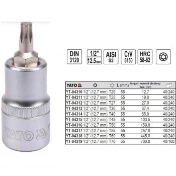 Yato YT-04310 - Socket bit torx 1/2 T20 L55mm, soporte para puntas de destornillador Acero Cromo-Vanadio (Cr-V) 25,4 / 2