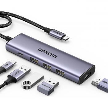 Hub USB-C 5 en 1 Ugreen CM511 con HDMI 4K, 3 puertos USB-A 3.0 y carga PD