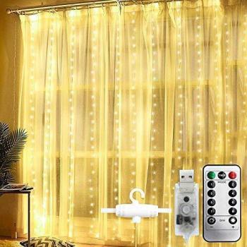 WOWDSGN - Cortina de luces 300LED 3mx3m Luces de cadena de cortina de cobre USB, 8 Modos de Luces, IP65 Impermeable para Exteriores Interiores Decoración de Navidad Fiestas