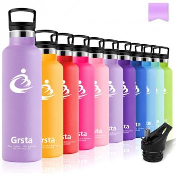 Grsta Botella de Agua para Deportes de Acero Inoxidable Doble Pared de Aislamiento al Vacío, 100% Libre de BPA Antifugas, Ecologica, Reutalizable Fitness Metalica Termo 500ml/17oz-Luz púrpura