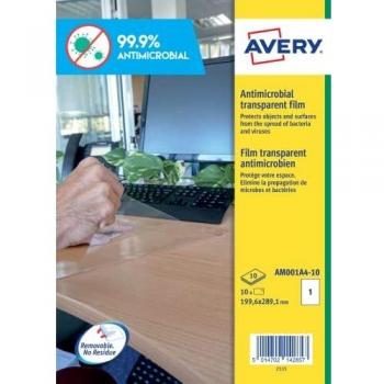 Avery España AM001A4, Adhesivos Antibacterianos Removibles Transparente,199.6x289.1 mm, caja de 10 etiquetas, AM001A4-10