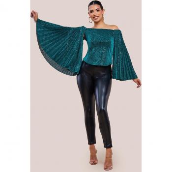 Teal Blue Sequin Lurex Bardot Pleated Sleeve Top - Women's Size 10