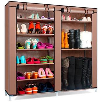 Armario Zapatero de Tela con Puertas Cremallera para 27 Pares de Zapatos y Botas - 110x120x30 cm (Marrón)