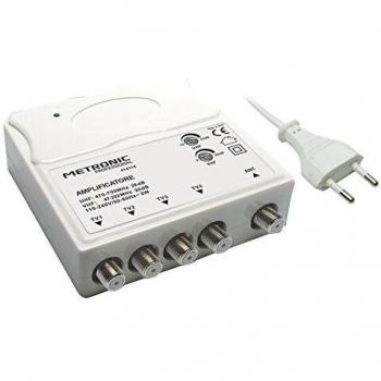 Amplificador Interno de Señal para Antena TV VHF/UHF 30dB, 1 Entrada y 4 Salidas, Compatible con 5G