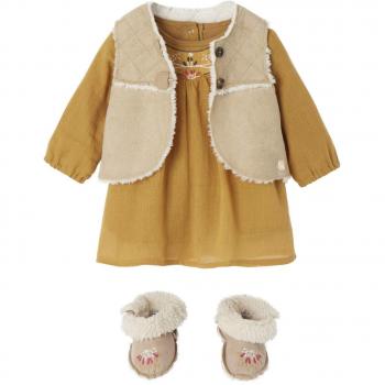 VERTBAUDET Conjunto de vestido de crespón + chaleco + pantuflas bordadas Amarillo/Natural 3M - 60CM