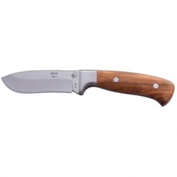 Cuchillo de Caza CORZO J&V con mango de Madera natural de olivo, hoja de 10,5 cms y Funda marrón de piel. Herramienta multiusos para Camping, Pesca, Caza y Actividades Deportivas