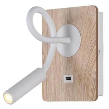 Aplique de Pared Flexible para Lectura Barcelona LED LONDON USB - Chip CREE 3W, Blanco, con Puerto de Carga USB, Luz Blanco Cálido, Interruptor, Madera, ideal para Cama y