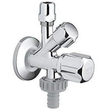 Válvula de esquina combinada Grohe WAS 1/2 x 3/8 x 3/4, cromada, con conexión para manguera