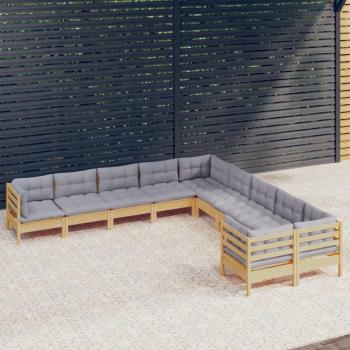 vidaXL 10-Piece Garden Lounge Set with Gray Cushions Pinewood