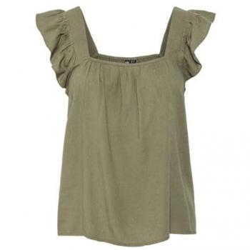 Blusa Pia Regular Fit Verde Oliva de Mezcla de Algodón y Lino con Mangas Fluidas para Mujer - Talla XS