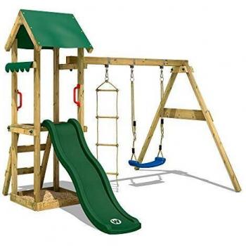 Parque infantil de madera TinyCabin con columpio, tobogán, torre de escalada y arenero - verde