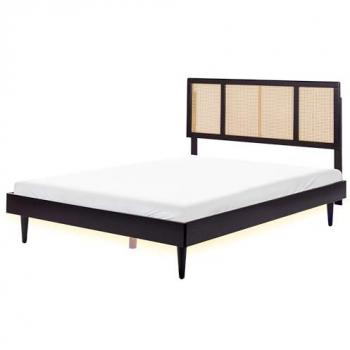 Cama King Size Moderna con Cabecero Trenzado Vienés y Base de Listones, Madera de Caucho Negra, 160 x 200 cm, con LED Auray