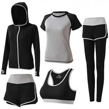 BOTRE 5 Piezas Conjuntos Deportivos para Mujer Chándales Ropa de Correr Yoga Fitness Tenis Suave Transpirable Cómodo