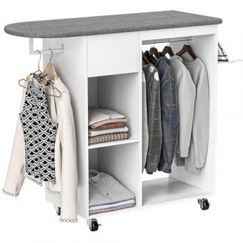 Mesa de planchar con ruedas y estante, 2 tringles, 2 nichos y cajón, color blanco y gris
