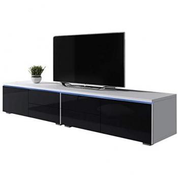Mueble TV Nashville 129 LED Blanco y Negro Brillante, 200x35x45cm, 2 Puertas y 4 Cajones