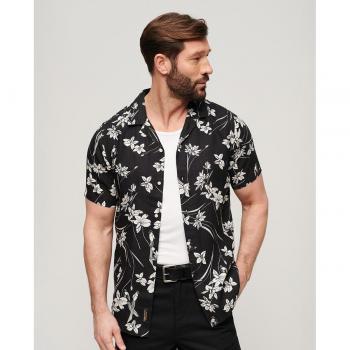 Camisa de Hombre Superdry de Manga Corta con Cuello Abierto y Estampado de Flor de Loto en Negro Talla S