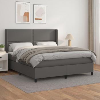 Cama box spring con colchón de muelles en cuero sintético gris 160x200 cm