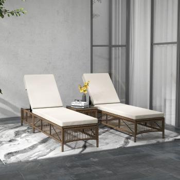 Outsunny Conjunto de 2 Tumbonas de Jardín Exterior con Mesa Auxiliar, Tumbonas de Mimbre Tejido, Respaldo Reclinable en 5 Posiciones, Cojines Suaves, Dim