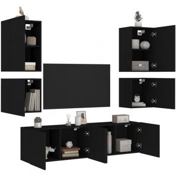 Muebles de TV de pared 6 piezas madera de ingeniería negro