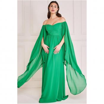 Goddiva Chiffon Off The Shoulder Maxi Dress with Cape Sleeves - Green