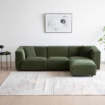 Sofá modular 4 plazas de pana verde Monroe: sofá recto 3 plazas + 1 reposapiés, estilo moderno y ultra moderno